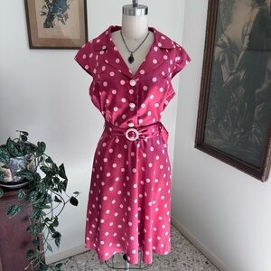 Vintage early 2000s Betsey Johnson pink polka dot dress with belt and collar